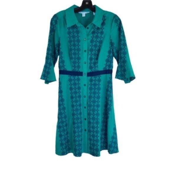 Draper James Embroidered Button Front Shirt Dress Green and Navy Mini Dress - Picture 2 of 6